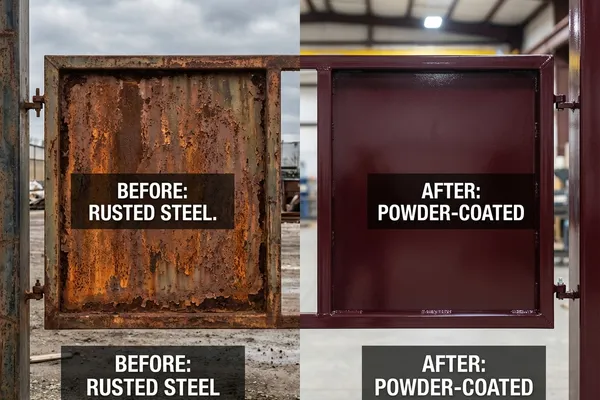 Before and after powder coating comparison on steel gate panel