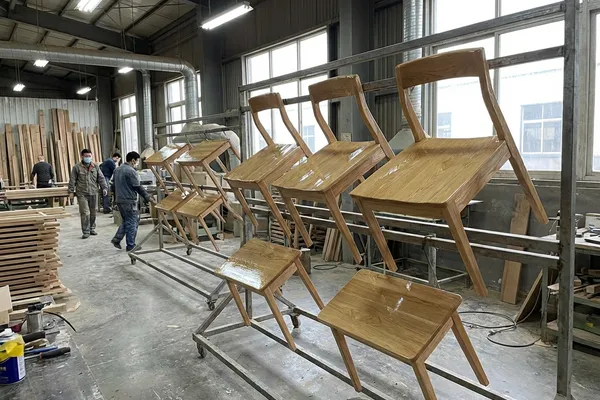 PU-coated furniture pieces with clear glossy finish