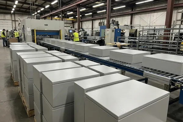 Powder-coated electrical enclosure boxes in light gray